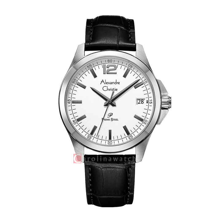 Jam Tangan Alexandre Christie Primo Steel AC 1031 MDLSSSL Men White Dial Black Leather Strap