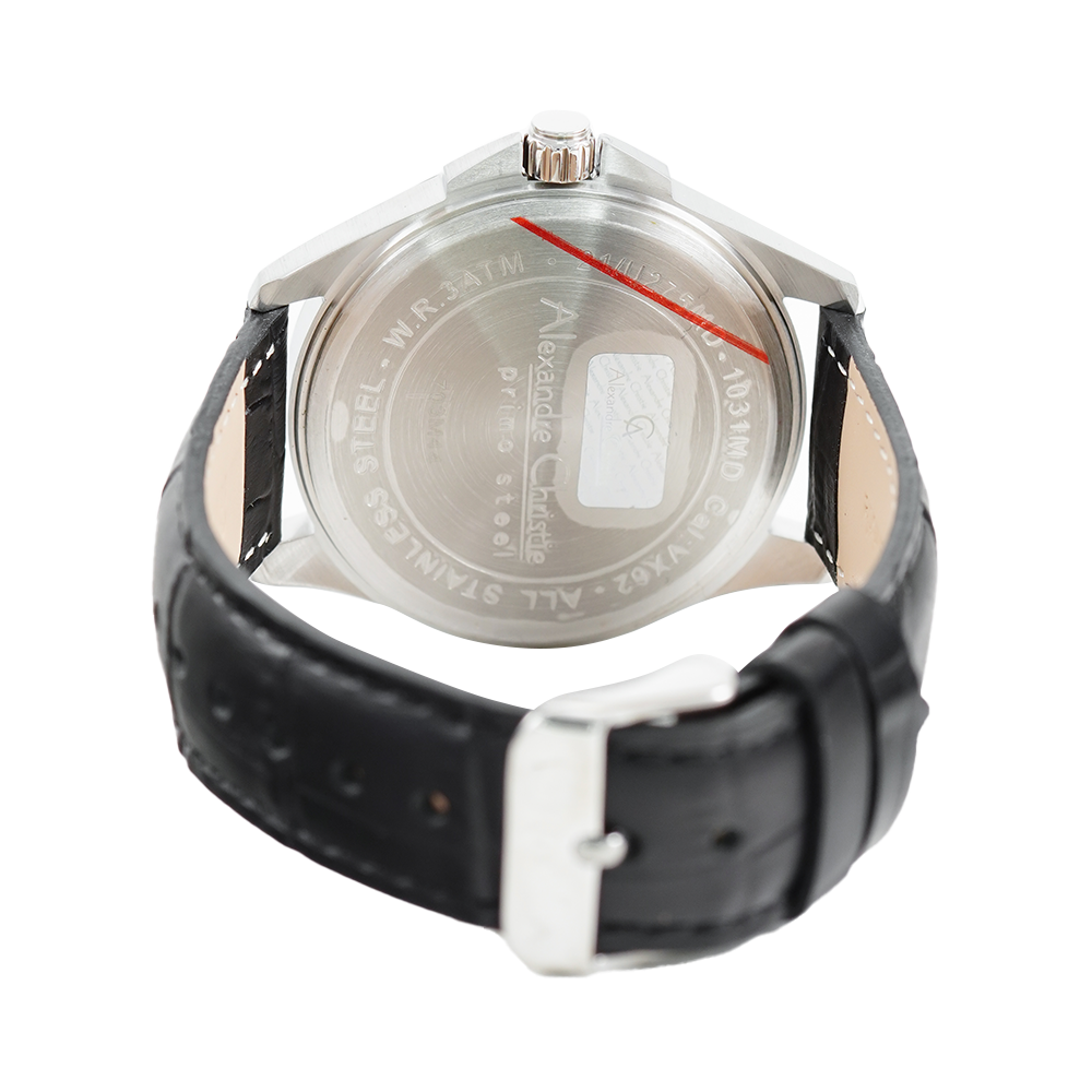 Jam Tangan Alexandre Christie Primo Steel AC 1031 MDLSSSL Men White Dial Black Leather Strap