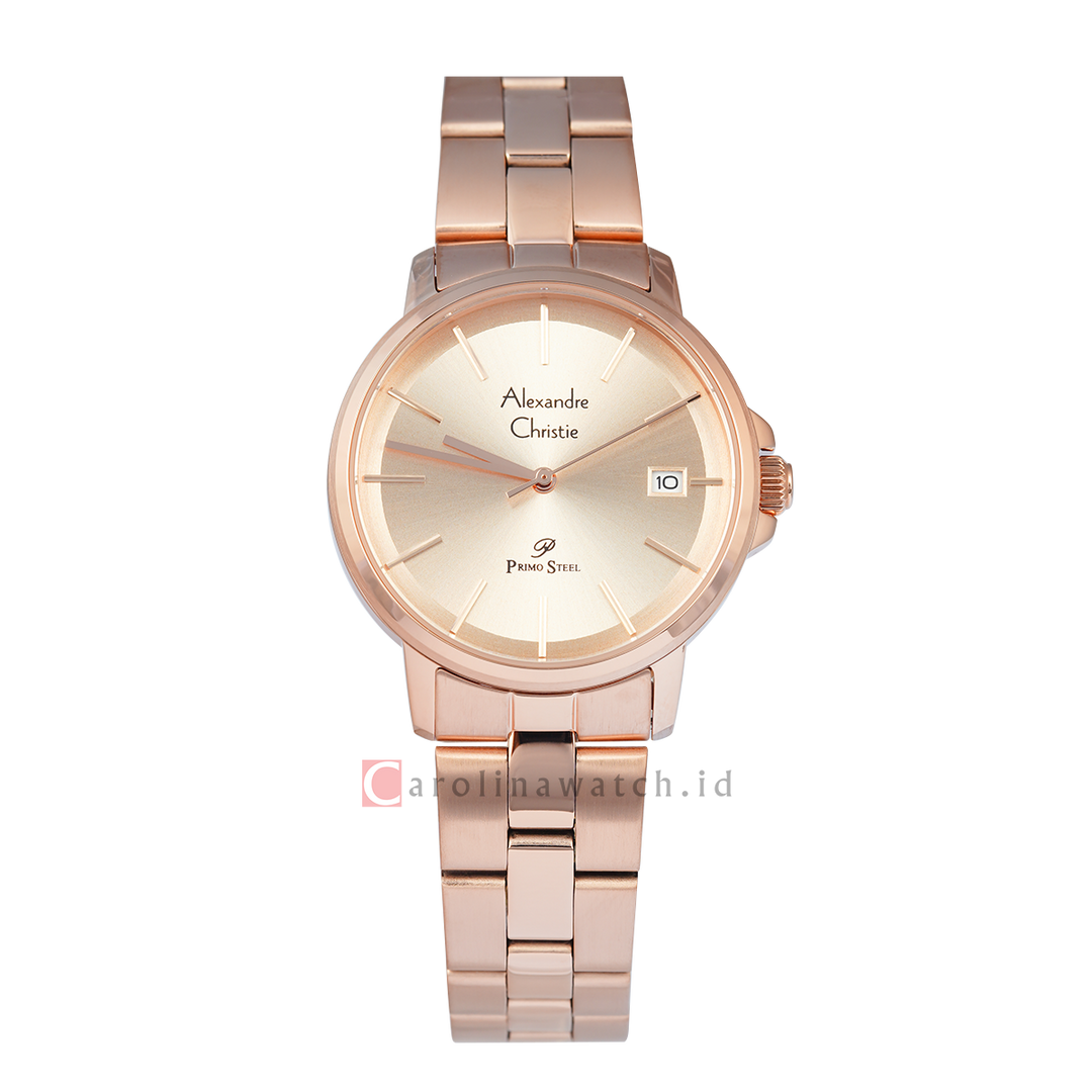 Jam Tangan Alexandre Christie Primo Steel AC 1032 LDBRGLN Women Gold Dial Rose Gold Stainless Steel Strap