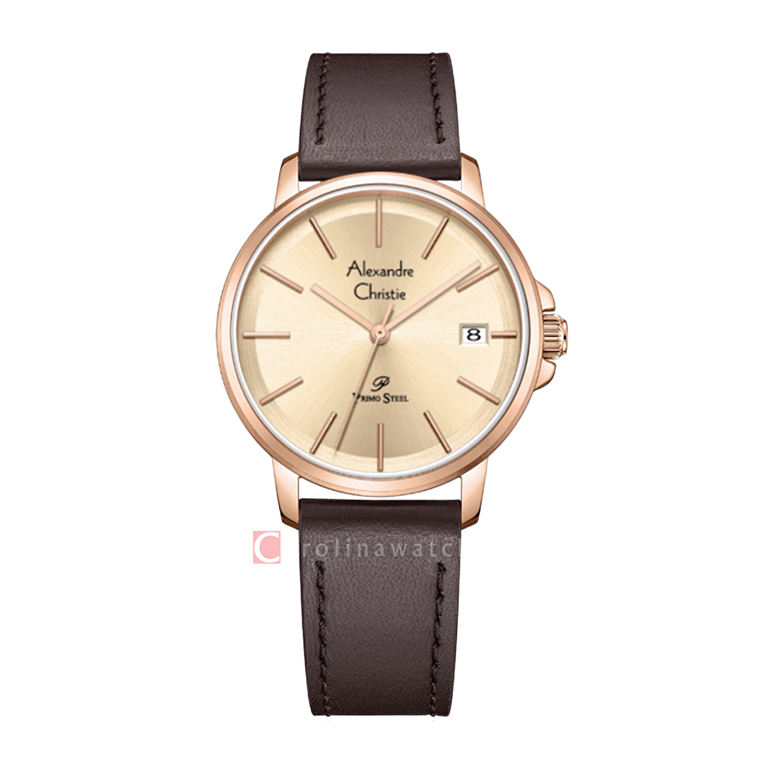 Jam Tangan Alexandre Christie Primo Steel AC 1032 LDLRGLN Women Gold Dial Brown Leather Strap