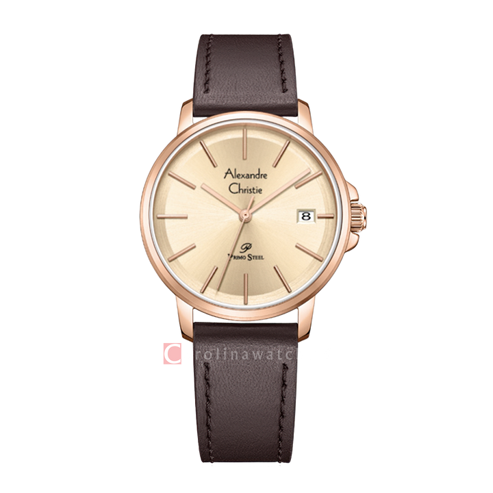 Jam Tangan Alexandre Christie Primo Steel AC 1032 LDLRGLN Women Gold Dial Brown Leather Strap