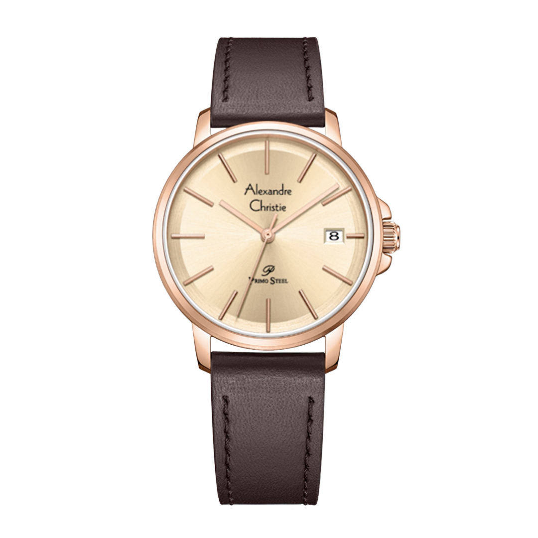 Jam Tangan Alexandre Christie Primo Steel AC 1032 LDLRGLN Women Gold Dial Brown Leather Strap