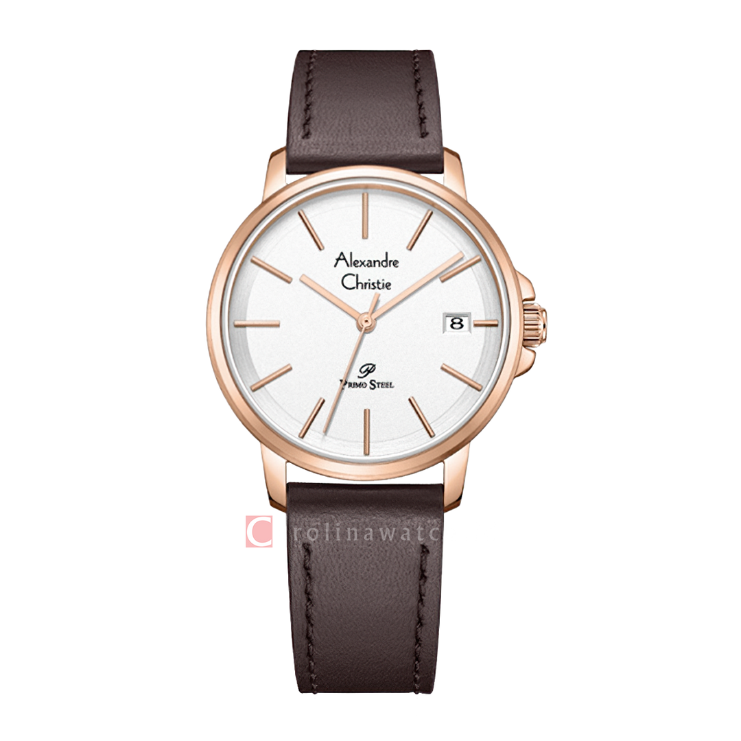 Jam Tangan Alexandre Christie Primo Steel AC 1032 LDLRGSL Women Silver Dial Brown Leather Strap