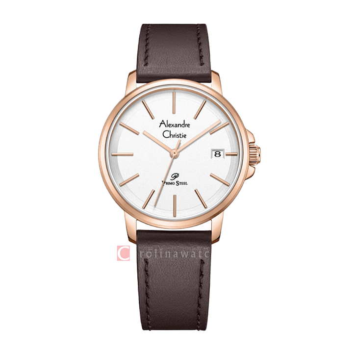 Jam Tangan Alexandre Christie Primo Steel AC 1032 LDLRGSL Women Silver Dial Brown Leather Strap