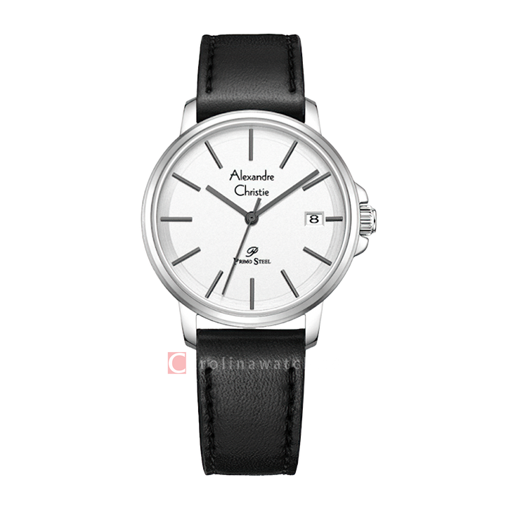 Jam Tangan Alexandre Christie Primo Steel AC 1032 LDLSSSL Women Silver Dial Black Leather Strap