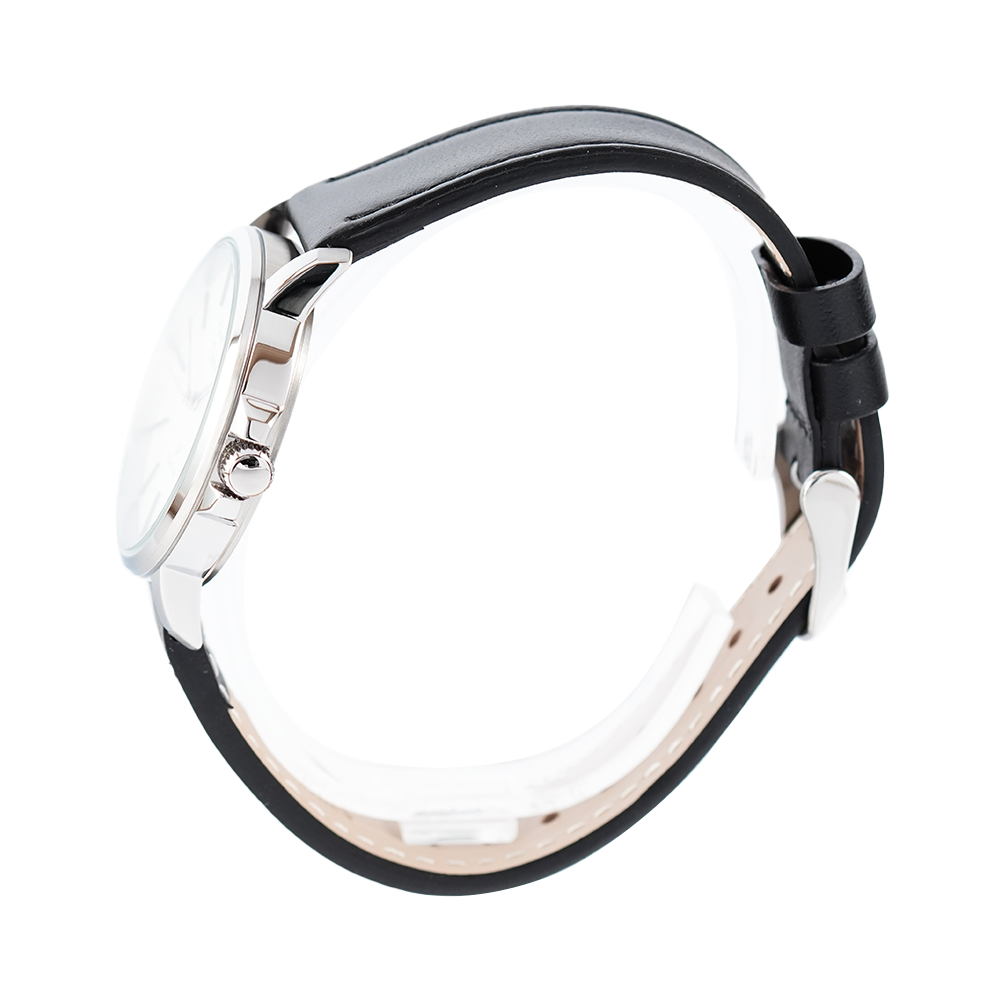 Jam Tangan Alexandre Christie Primo Steel AC 1032 LDLSSSL Women Silver Dial Black Leather Strap