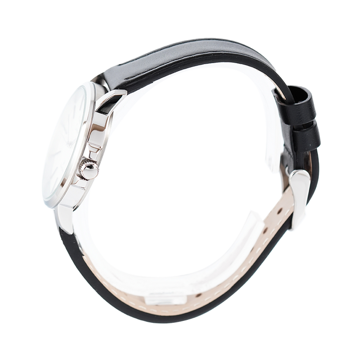 Jam Tangan Alexandre Christie Primo Steel AC 1032 LDLSSSL Women Silver Dial Black Leather Strap