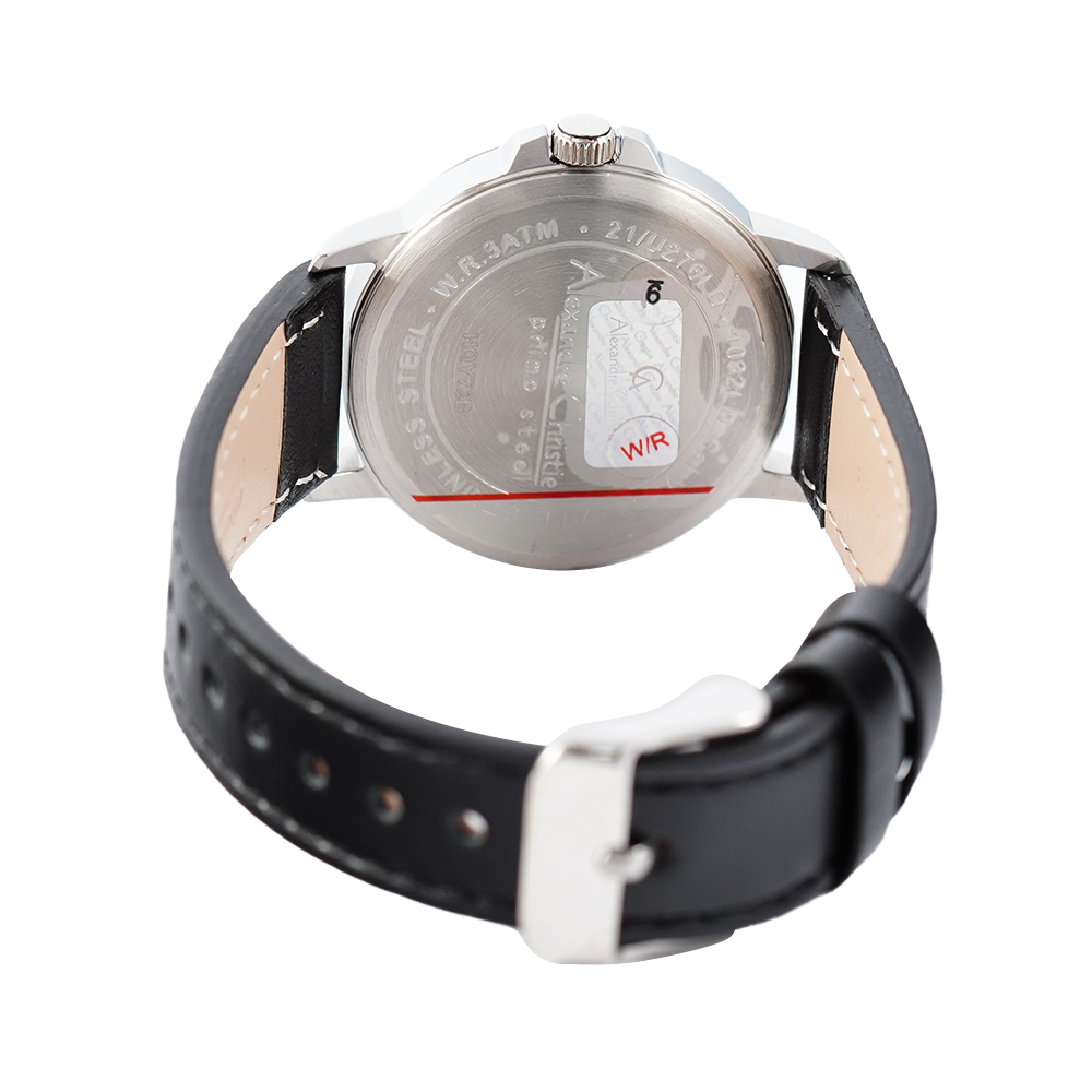 Jam Tangan Alexandre Christie Primo Steel AC 1032 LDLSSSL Women Silver Dial Black Leather Strap