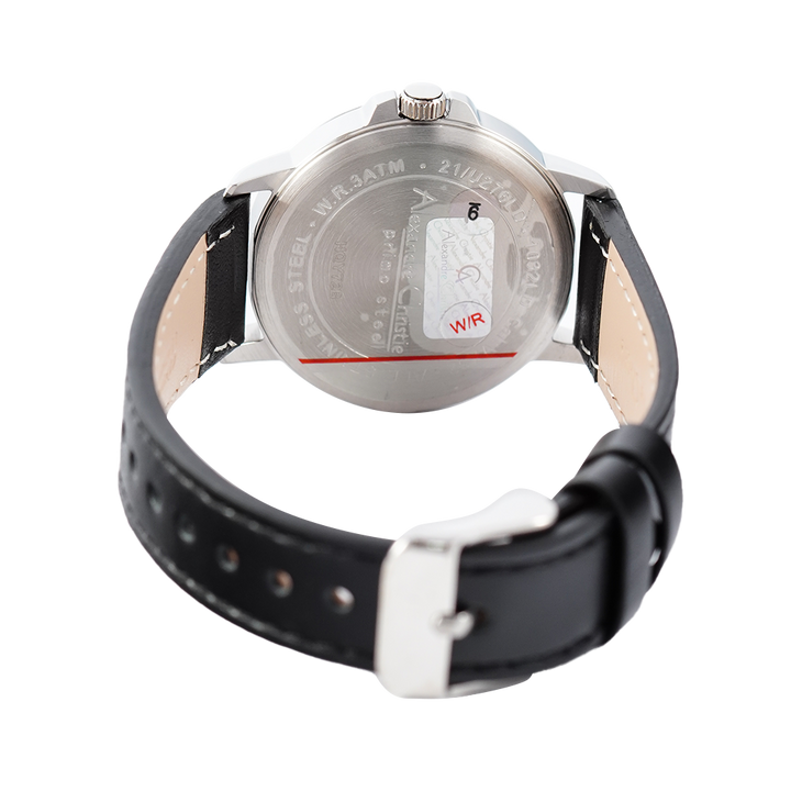 Jam Tangan Alexandre Christie Primo Steel AC 1032 LDLSSSL Women Silver Dial Black Leather Strap