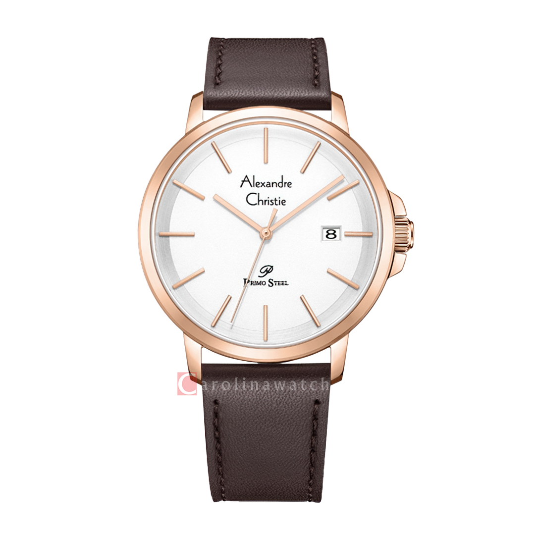 Jam Tangan Alexandre Christie Primo Steel AC 1032 MDLRGSL Men Silver Dial Brown Leather Strap