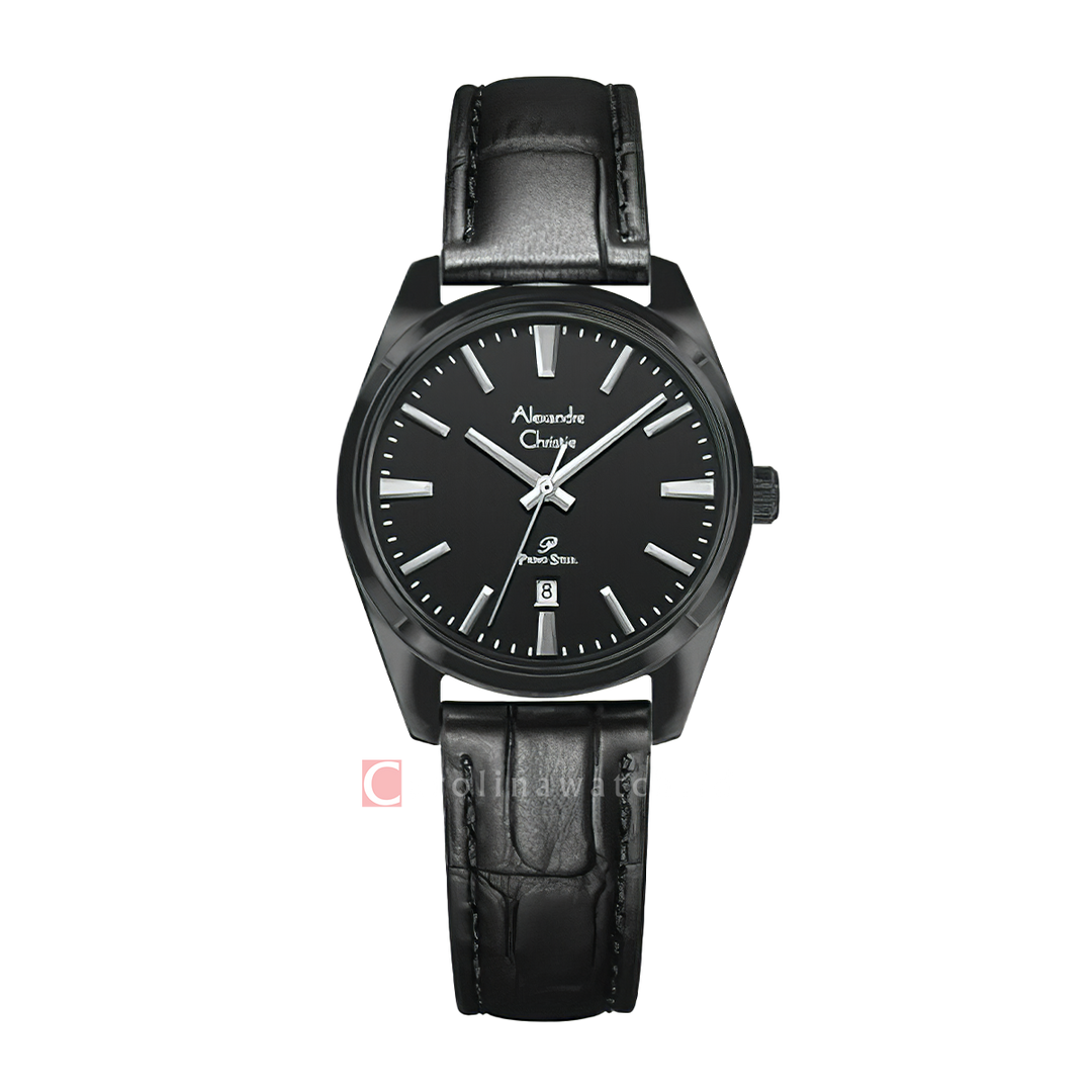 Jam Tangan Alexandre Christie Classic Steel AC 1035 LDLIPBA Women Black Dial Black Leather Strap