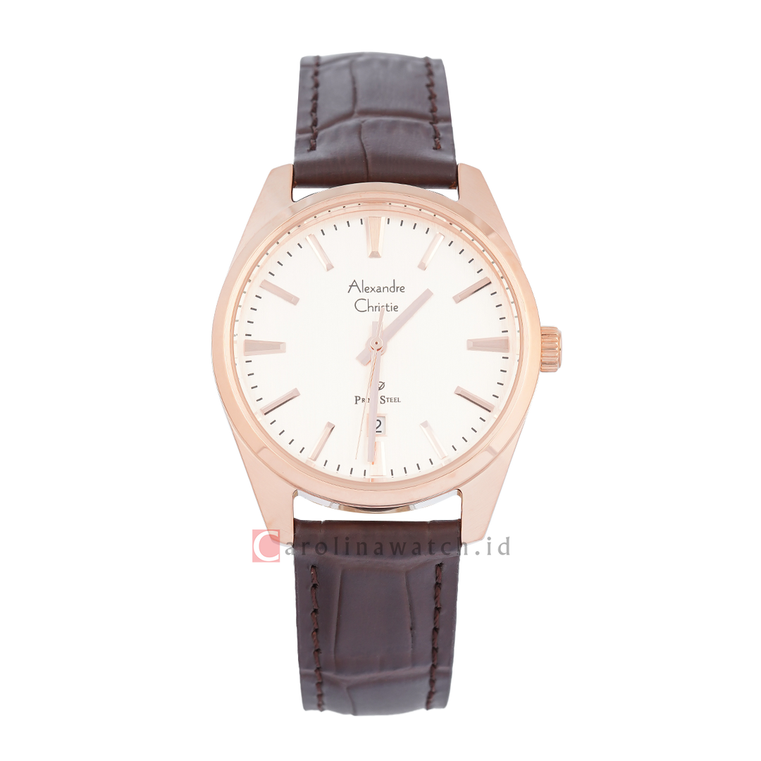 Jam Tangan Alexandre Christie Classic Steel AC 1035 LDLRGLN Women White Dial Brown Leather Strap