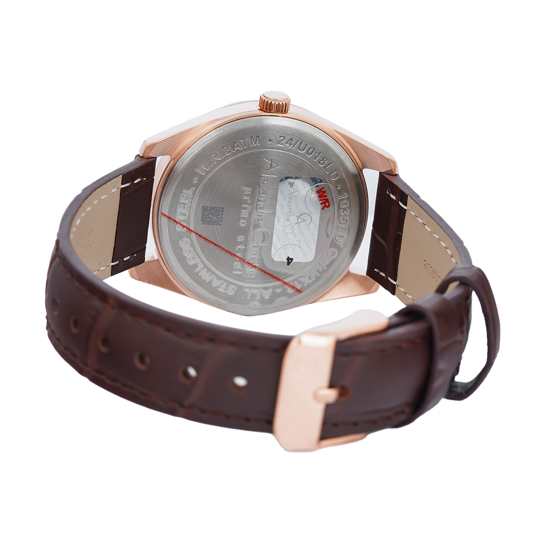 Jam Tangan Alexandre Christie Classic Steel AC 1035 LDLRGLN Women White Dial Brown Leather Strap