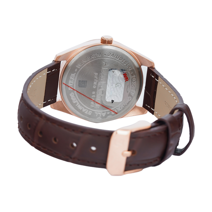 Jam Tangan Alexandre Christie Classic Steel AC 1035 LDLRGLN Women White Dial Brown Leather Strap