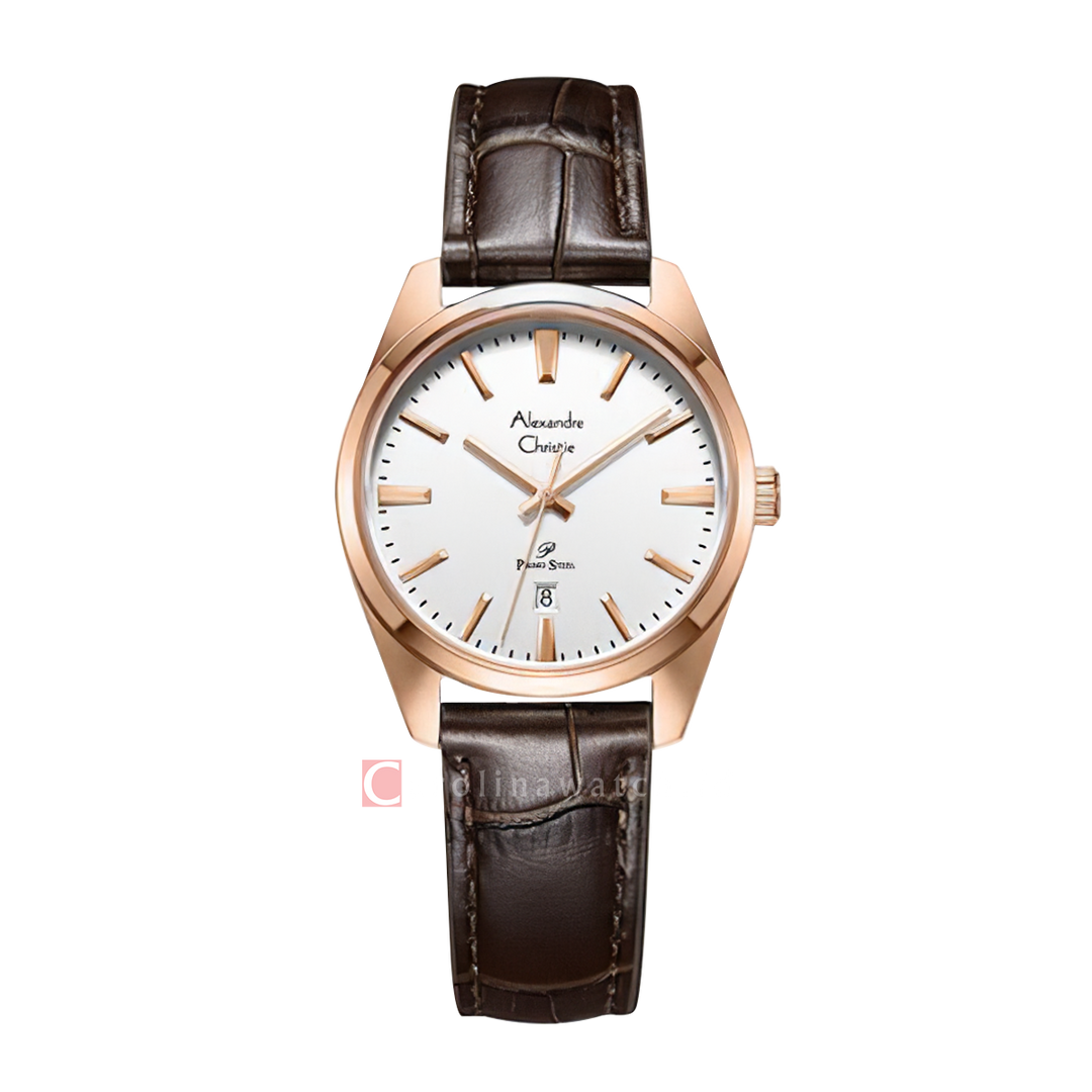 Jam Tangan Alexandre Christie Classic Steel AC 1035 LDLRGSL Women Silver Dial Brown Leather Strap