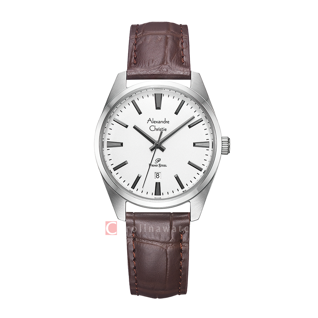Jam Tangan Alexandre Christie Classic Steel AC 1035 LDLSSSLBO Women Silver White Dial Brown Leather Strap