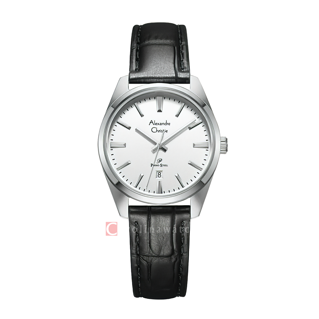 Jam Tangan Alexandre Christie Classic Steel AC 1035 LDLSSSL Women Silver Dial Black Leather Strap