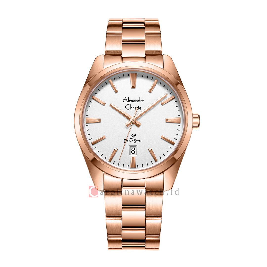 Jam Tangan Alexandre Christie Primo Steel AC 1035 MDBRGSL Men Silver Dial Rose Gold Stainless Steel Strap