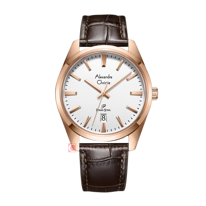 Jam Tangan Alexandre Christie Classic Steel AC 1035 MDLRGSL Men Silver Dial Brown Leather Strap