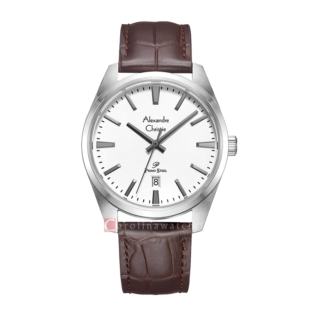 Jam Tangan Alexandre Christie Classic Steel AC 1035 MDLSSSLBO Men Silver White Dial Brown Leather Strap