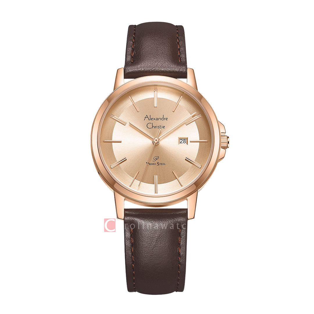 Jam Tangan Alexandre Christie Primo Steel AC 1036 LDLRGLN Women Rose Gold Dial Brown Leather Strap