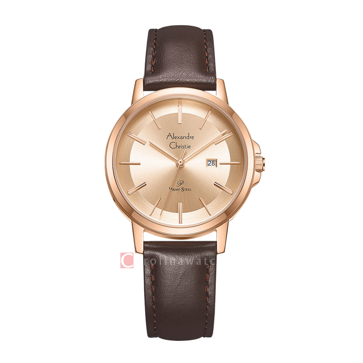 Jam Tangan Alexandre Christie Primo Steel AC 1036 LDLRGLN Women Rose Gold Dial Brown Leather Strap