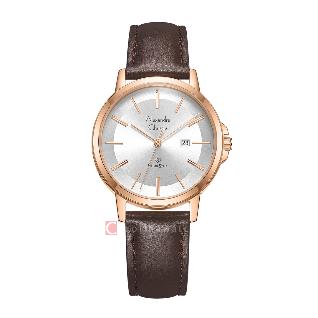 Jam Tangan Alexandre Christie Primo Steel AC 1036 LDLRGSL Women Silver Dial Brown Leather Strap