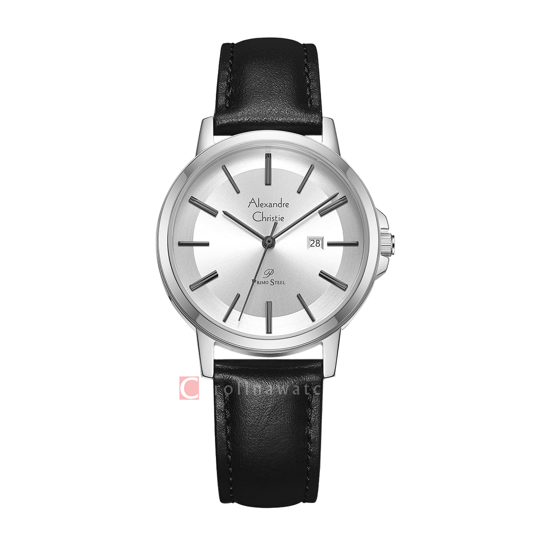 Jam Tangan Alexandre Christie Primo Steel AC 1036 LDLSSSL Women Silver Dial Black Leather Strap