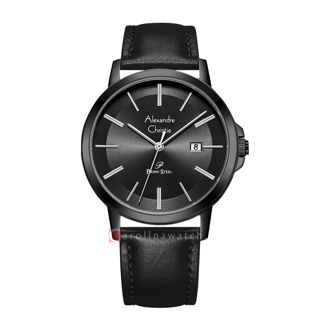 Jam Tangan Alexandre Christie Primo Steel AC 1036 MDLIPBA Men Black Dial Black Leather Strap