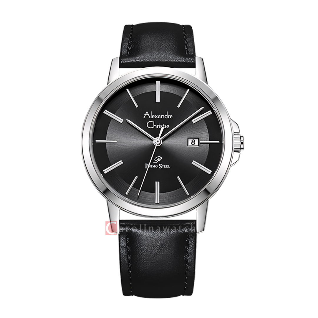 Jam Tangan Alexandre Christie Primo Steel AC 1036 MDLSSBA Men Black Dial Black Leather Strap