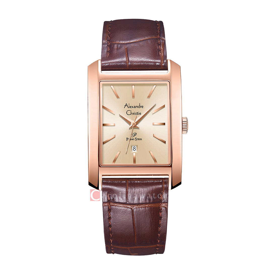 Jam Tangan Alexandre Christie Primo Steel AC 1037 LDLRGLN Women Gold Dial Brown Leather Strap