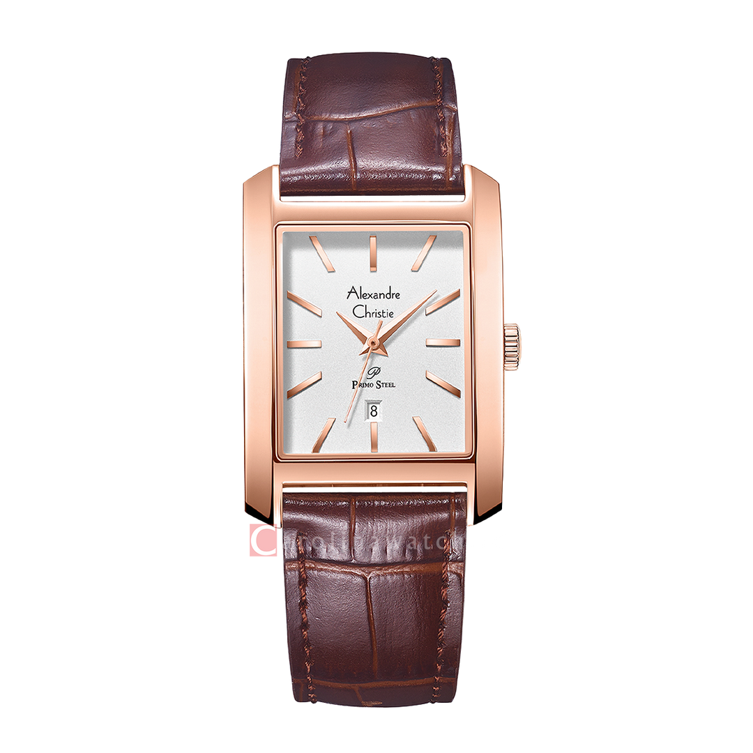 Jam Tangan Alexandre Christie Primo Steel AC 1037 LDLRGSL Women Silver Dial Brown Leather Strap