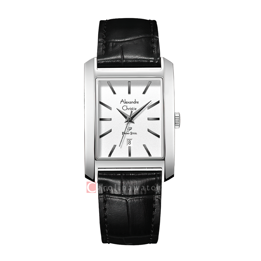 Jam Tangan Alexandre Christie Primo Steel AC 1037 LDLSSSL Women Silver Dial Black Leather Strap