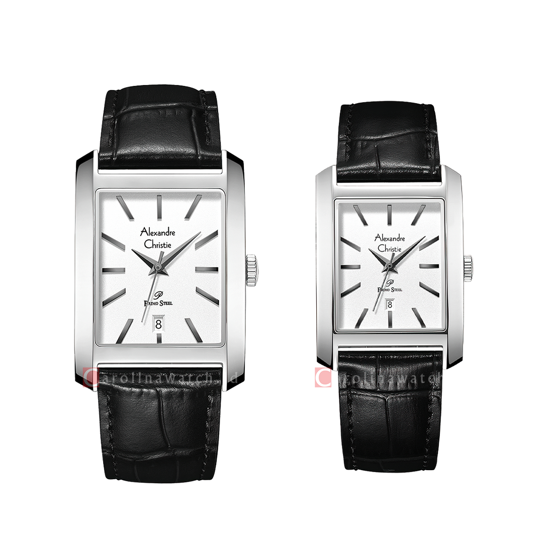 Jam Tangan Couple Alexandre Christie Primo Steel AC 1038 M/LDLSSSL White Dial Black Leather Strap