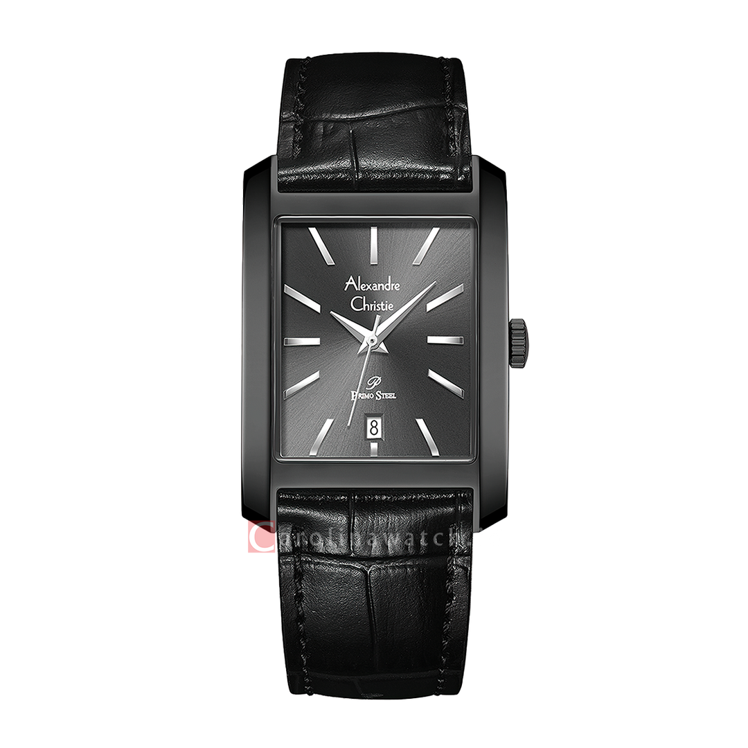 Jam Tangan Alexandre Christie Primo Steel AC 1037 MDLIPDG Men Black Dial Black Leather Strap