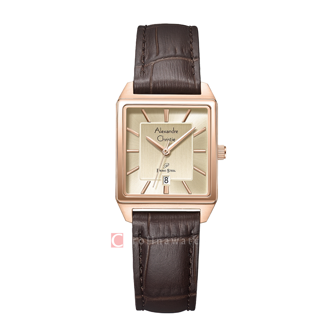 Jam Tangan Alexandre Christie Primo Steel AC 1038 LDLRGLN Women Gold Dial Brown Leather Strap