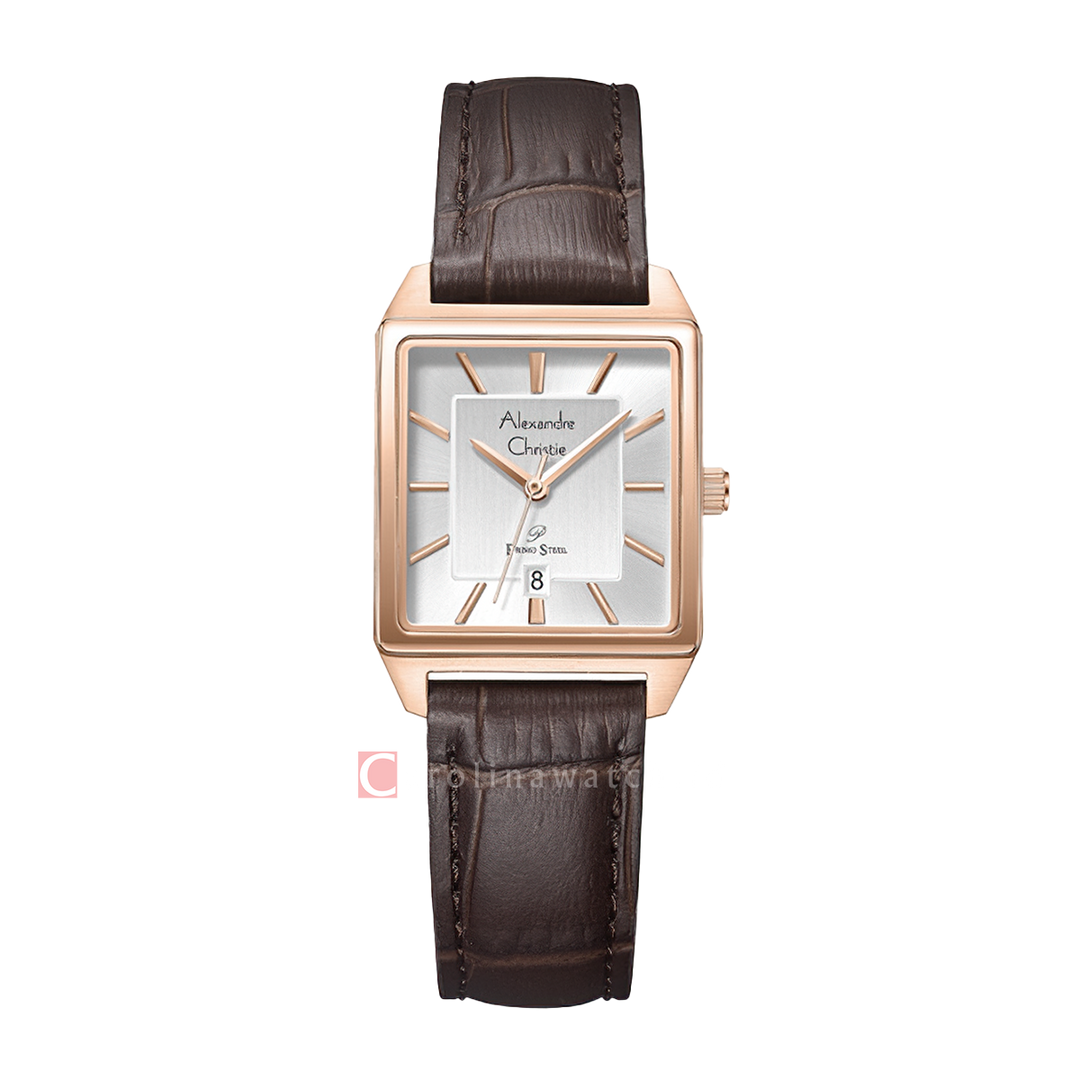 Jam Tangan Alexandre Christie Primo Steel AC 1038 LDLRGSL Women Silver Dial Brown Leather Strap