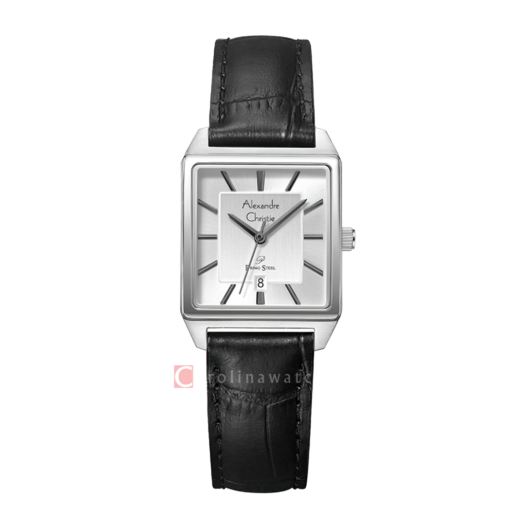 Jam Tangan Alexandre Christie Primo Steel AC 1038 LDLSSSL Women Silver Dial Black Leather Strap