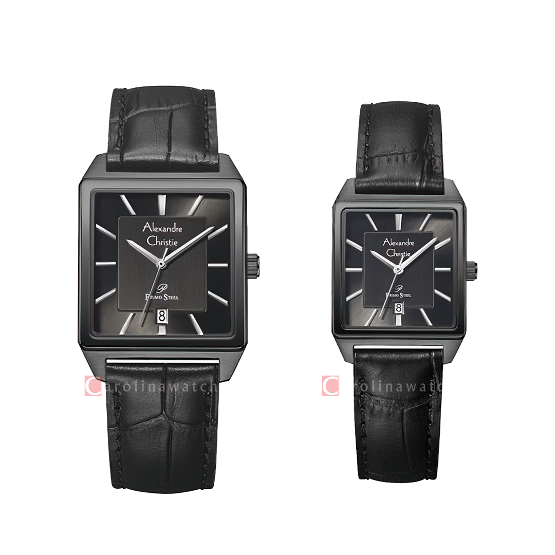 Jam Tangan Couple Alexandre Christie Primo Steel AC 1038 M/LDLIPDG Black Dial Black Leather Strap