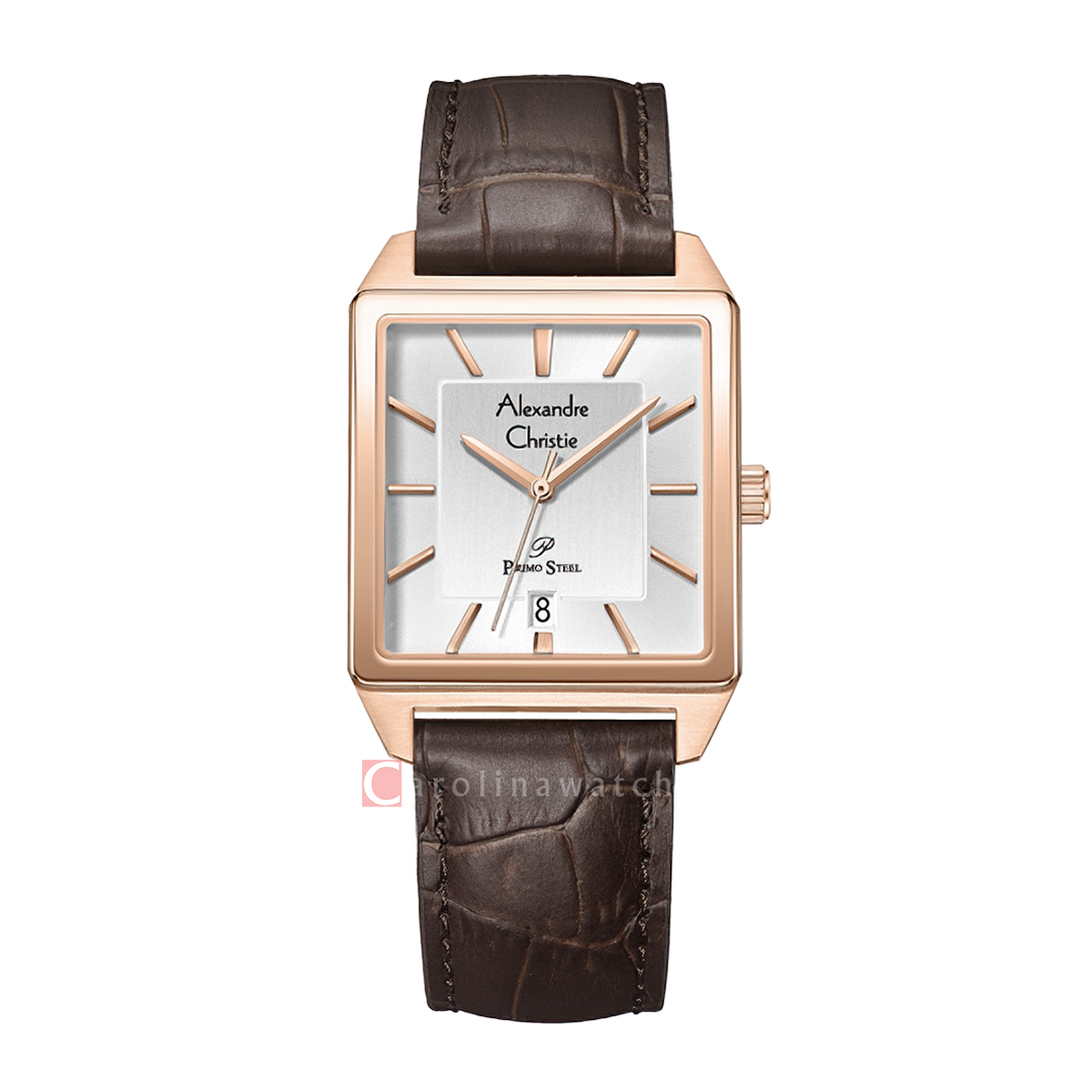 Jam Tangan Alexandre Christie Primo Steel AC 1038 MDLRGSL Men Silver Dial Brown Leather Strap