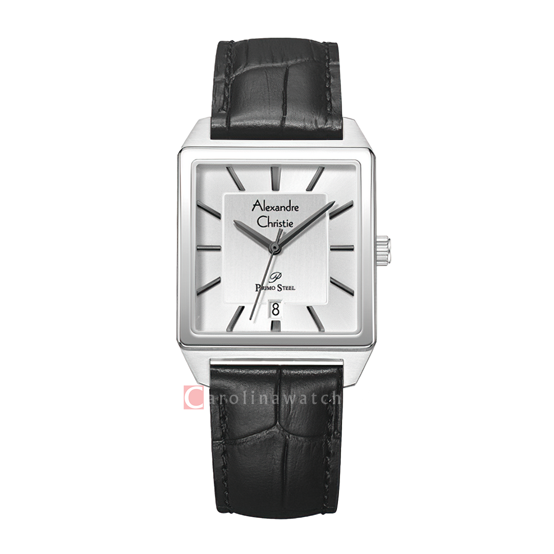 Jam Tangan Alexandre Christie Primo Steel AC 1038 MDLSSSL Men Silver Dial Black Leather Strap