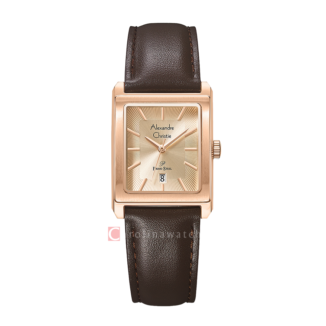 Jam Tangan Alexandre Christie Primo Steel AC 1039 LDLRGLN Women Rose Gold Dial Brown Leather Strap