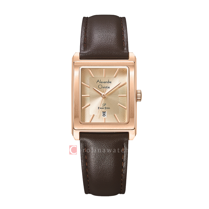 Jam Tangan Alexandre Christie Primo Steel AC 1039 LDLRGLN Women Rose Gold Dial Brown Leather Strap