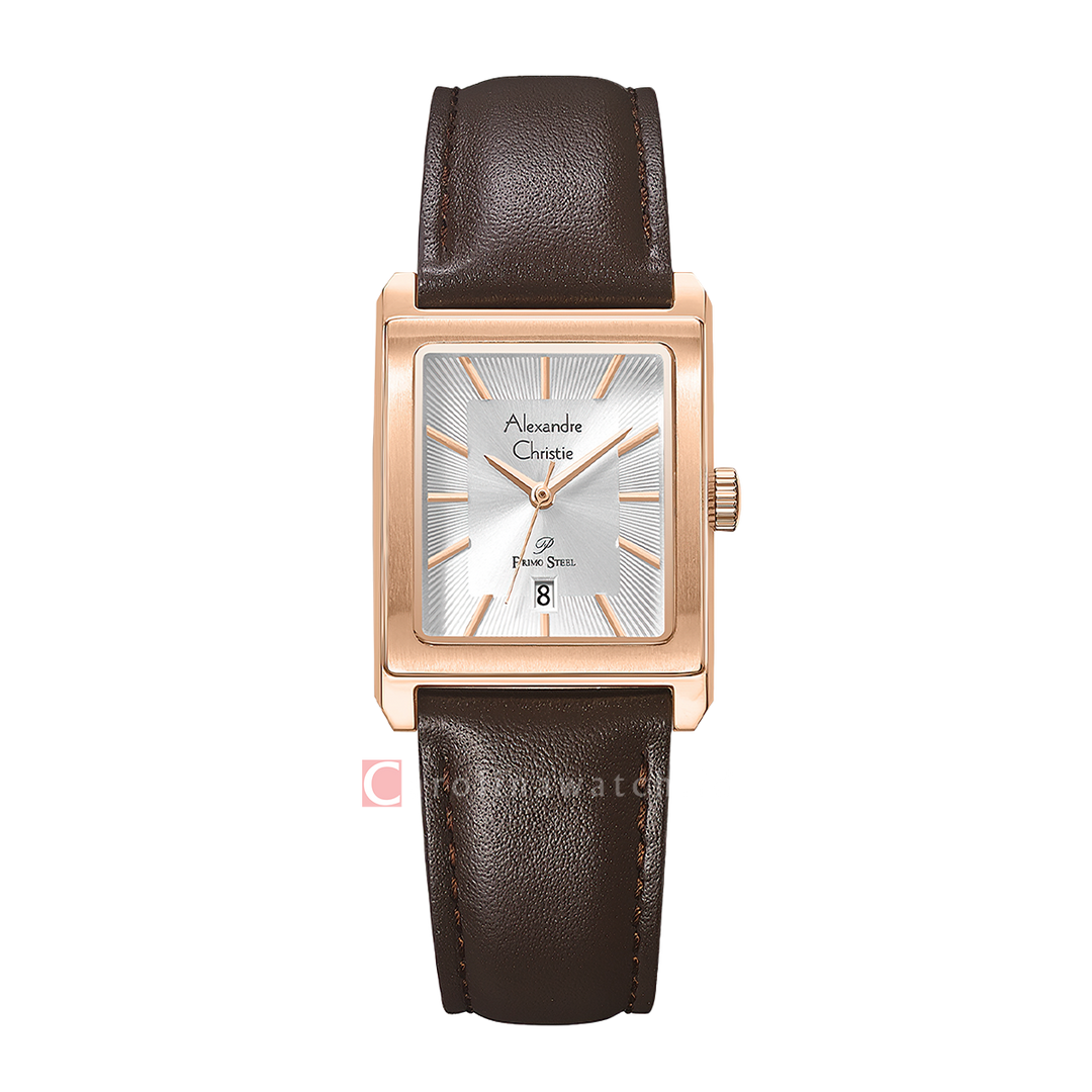 Jam Tangan Alexandre Christie Primo Steel AC 1039 LDLRGSL Women Silver Dial Brown Leather Strap