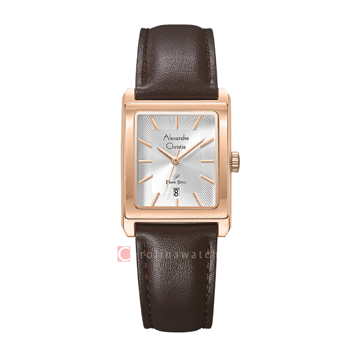 Jam Tangan Alexandre Christie Primo Steel AC 1039 LDLRGSL Women Silver Dial Brown Leather Strap