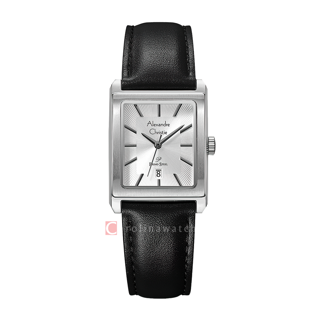 Jam Tangan Alexandre Christie Primo Steel AC 1039 LDLSSSL Women Silver Dial Black Leather Strap