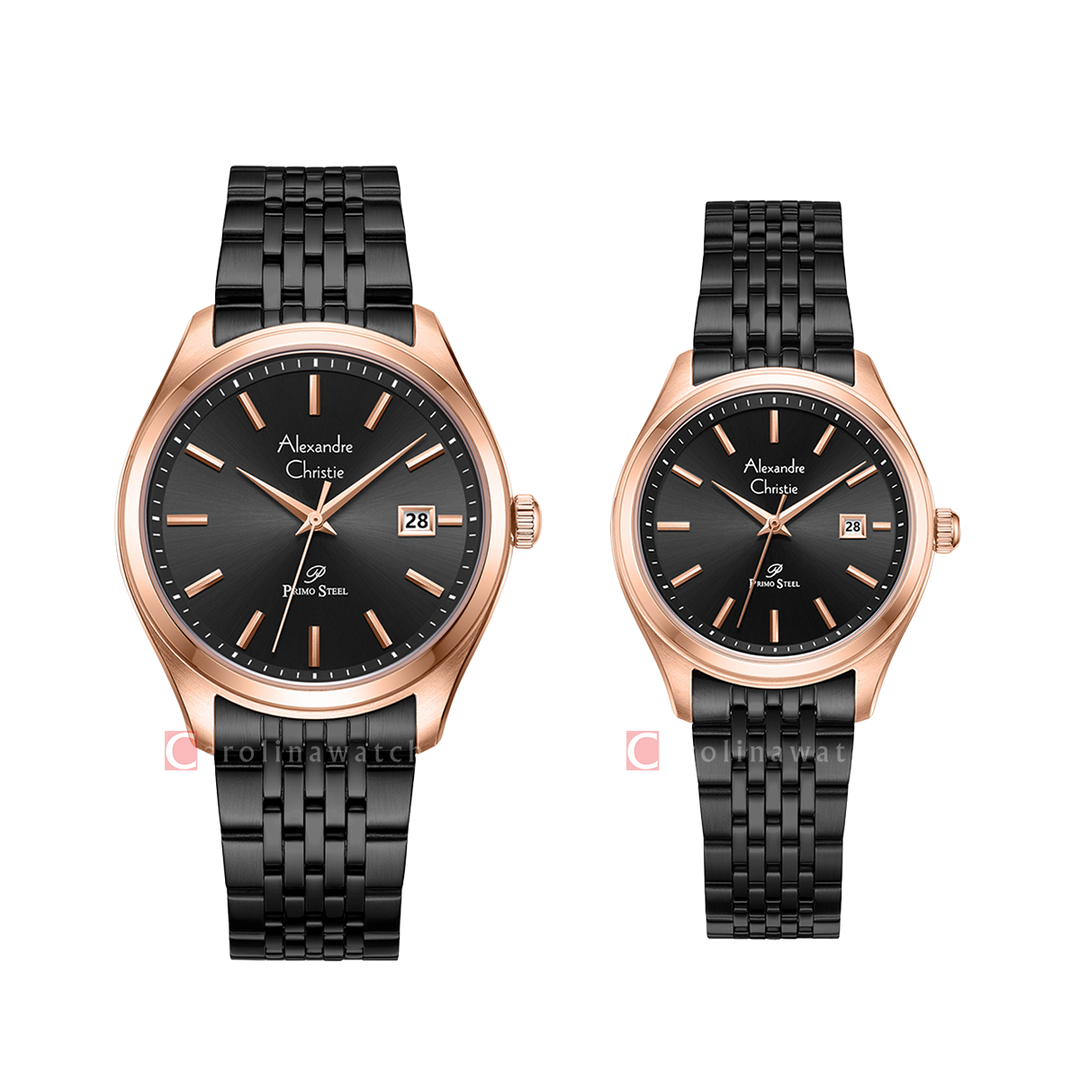 Jam Tangan Couple Alexandre Christie Primo Steel AC 1040 M/LDBBRBA Black Dial Black Stainless Steel Strap