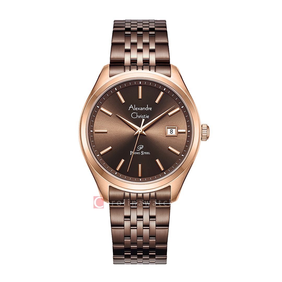 Jam Tangan Alexandre Christie Primo Steel AC 1040 MDBROBO Men Brown Dial Brown Stainless Steel Strap