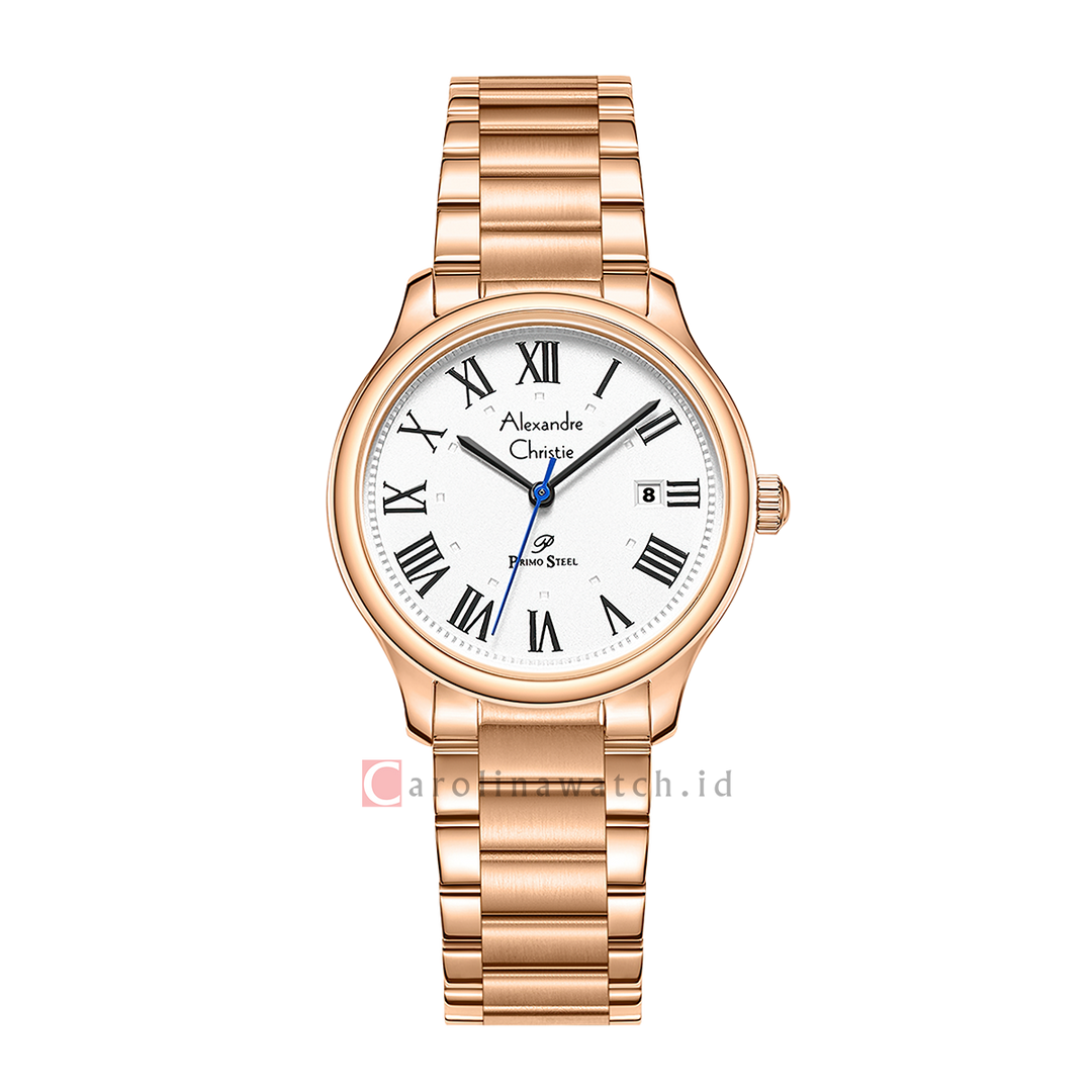 Jam Tangan Alexandre Christie Primo Steel AC 1042 LDFRGSL Women Silver White Dial Rose Gold Stainless Steel Strap