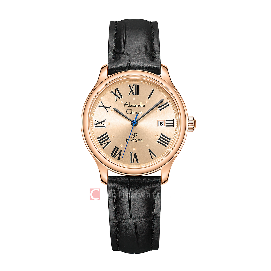 Jam Tangan Alexandre Christie Primo Steel AC 1042 LDLRGLN Women Rose Gold Dial Black Leather Strap